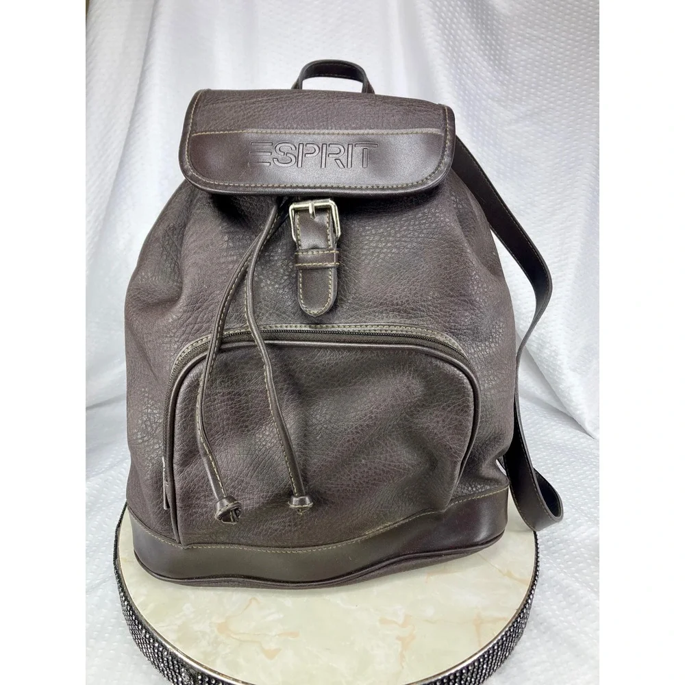 Esprit Vintage Pebbled Faux Leather Backpack Book Bag Women M Brown Travel Flap